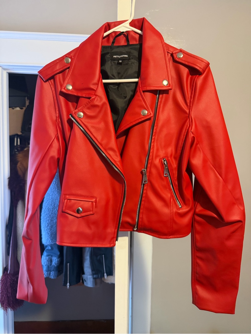 PrettyLittleThing Red Faux Leather Biker Jacket